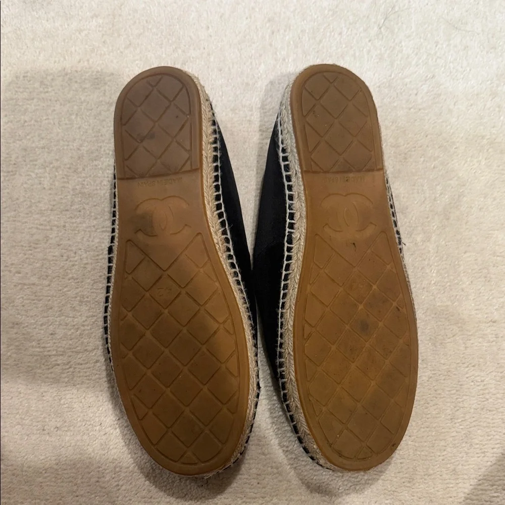 CHANEL Black Suede Espadrilles with Gold Lettering